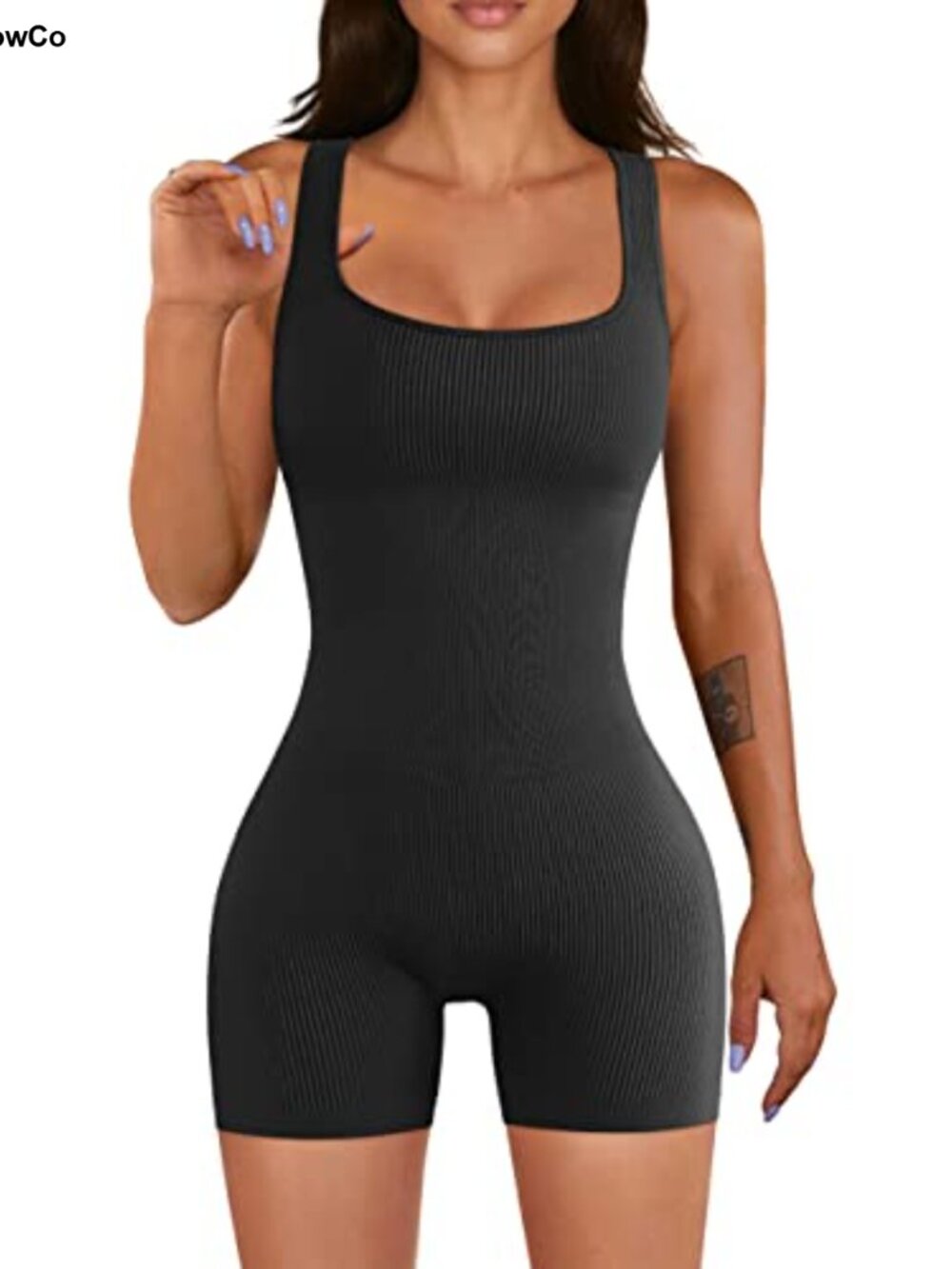 Ribbed Seamless Workout Romper Yoga Jumpsuit Square Neck Shorts